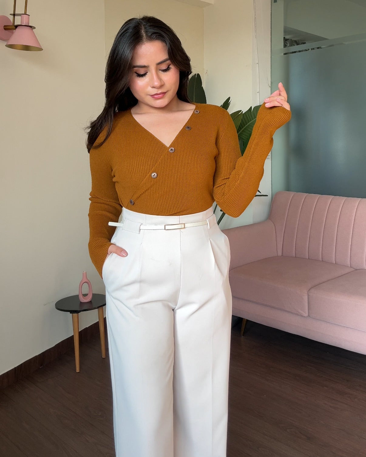 V-Neck Ruched Button Detailing Fitted Sweater Top