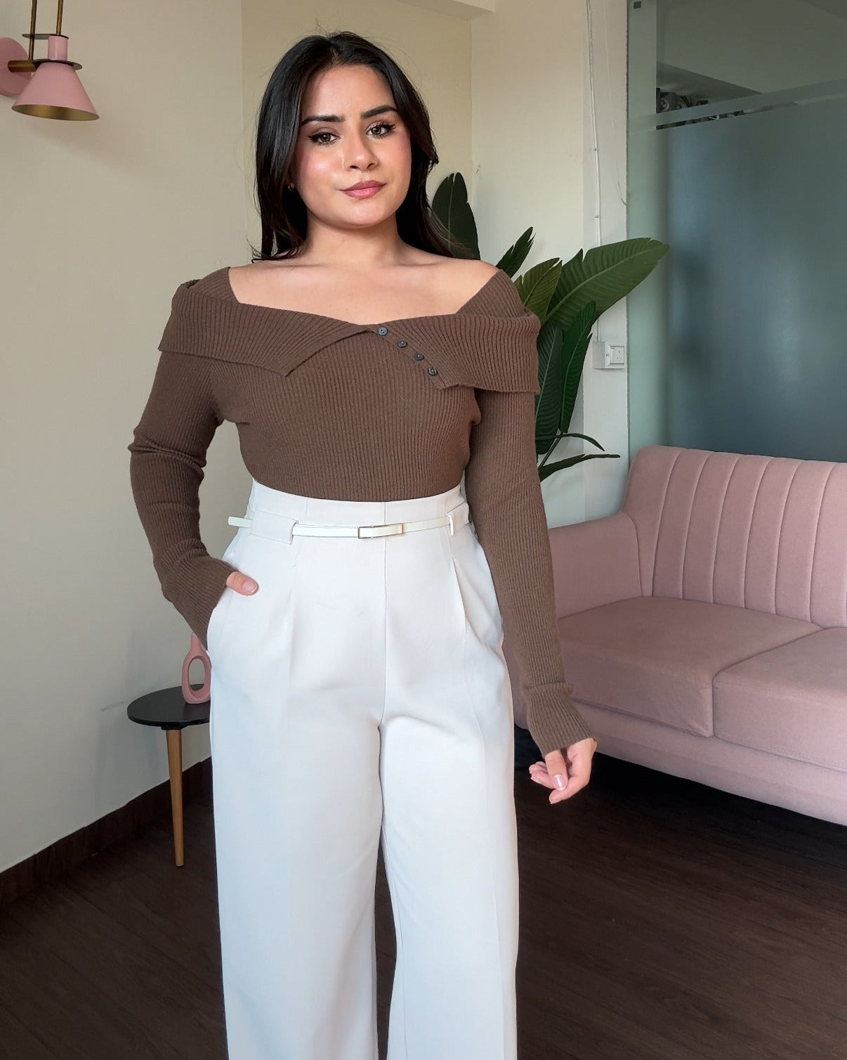 Off-Shoulder Button Detailing Sweater Top