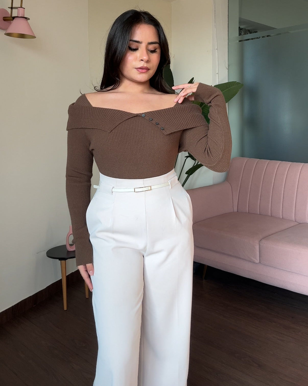 Off-Shoulder Button Detailing Sweater Top