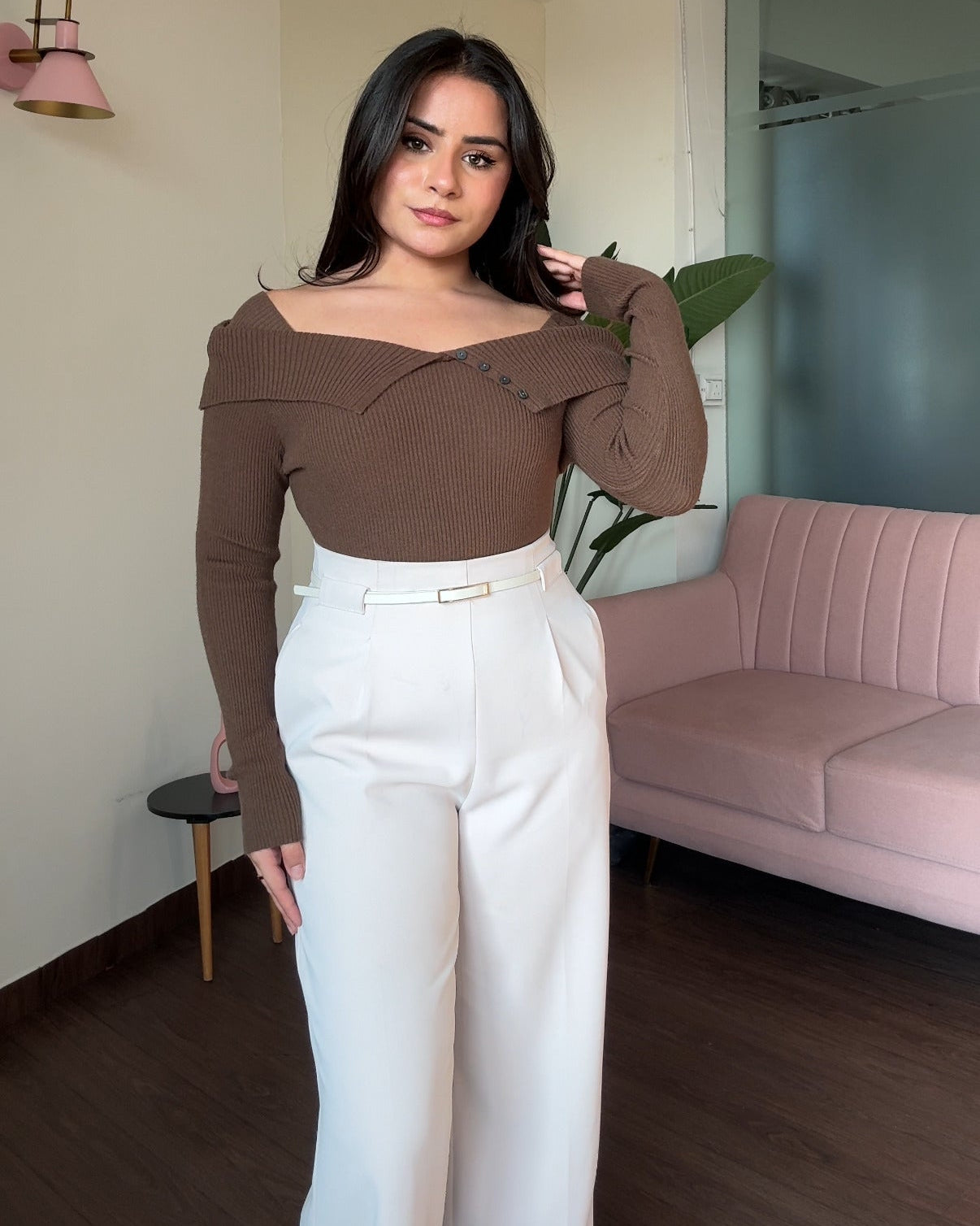 Off-Shoulder Button Detailing Sweater Top