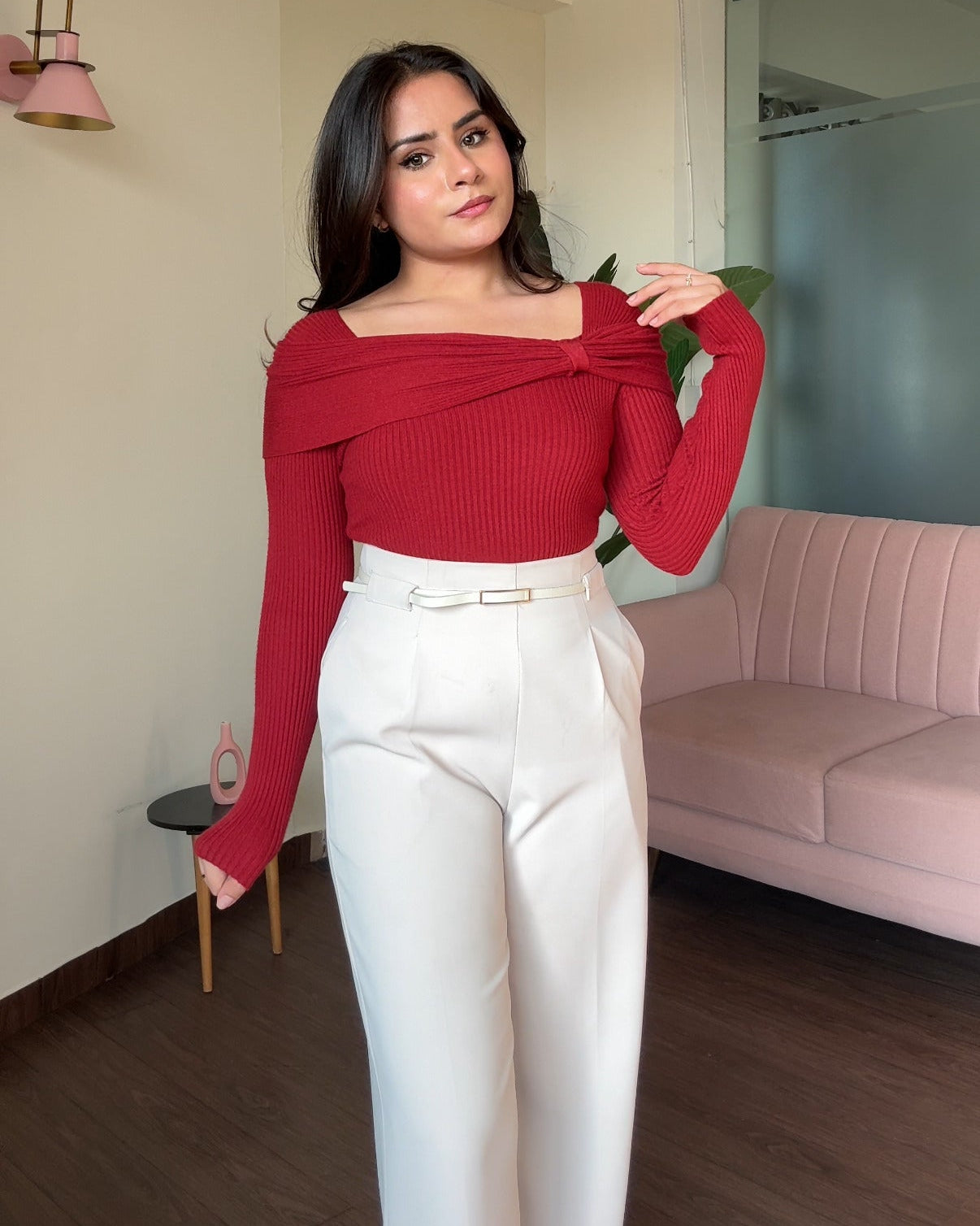 Bow-Detailing Ribbed Knitted Sweater Top