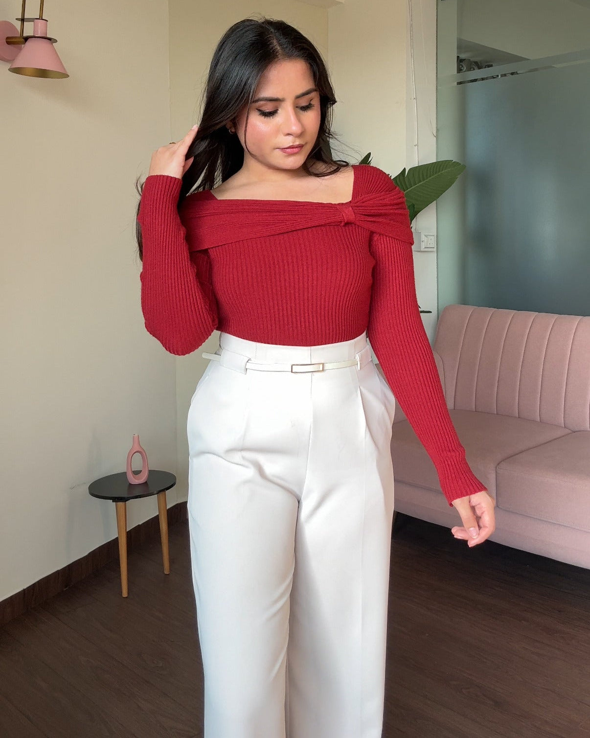 Bow-Detailing Ribbed Knitted Sweater Top