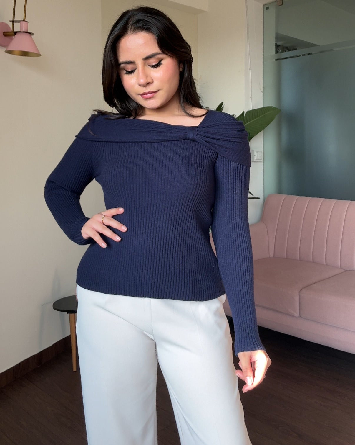 Bow-Detailing Ribbed Knitted Sweater Top