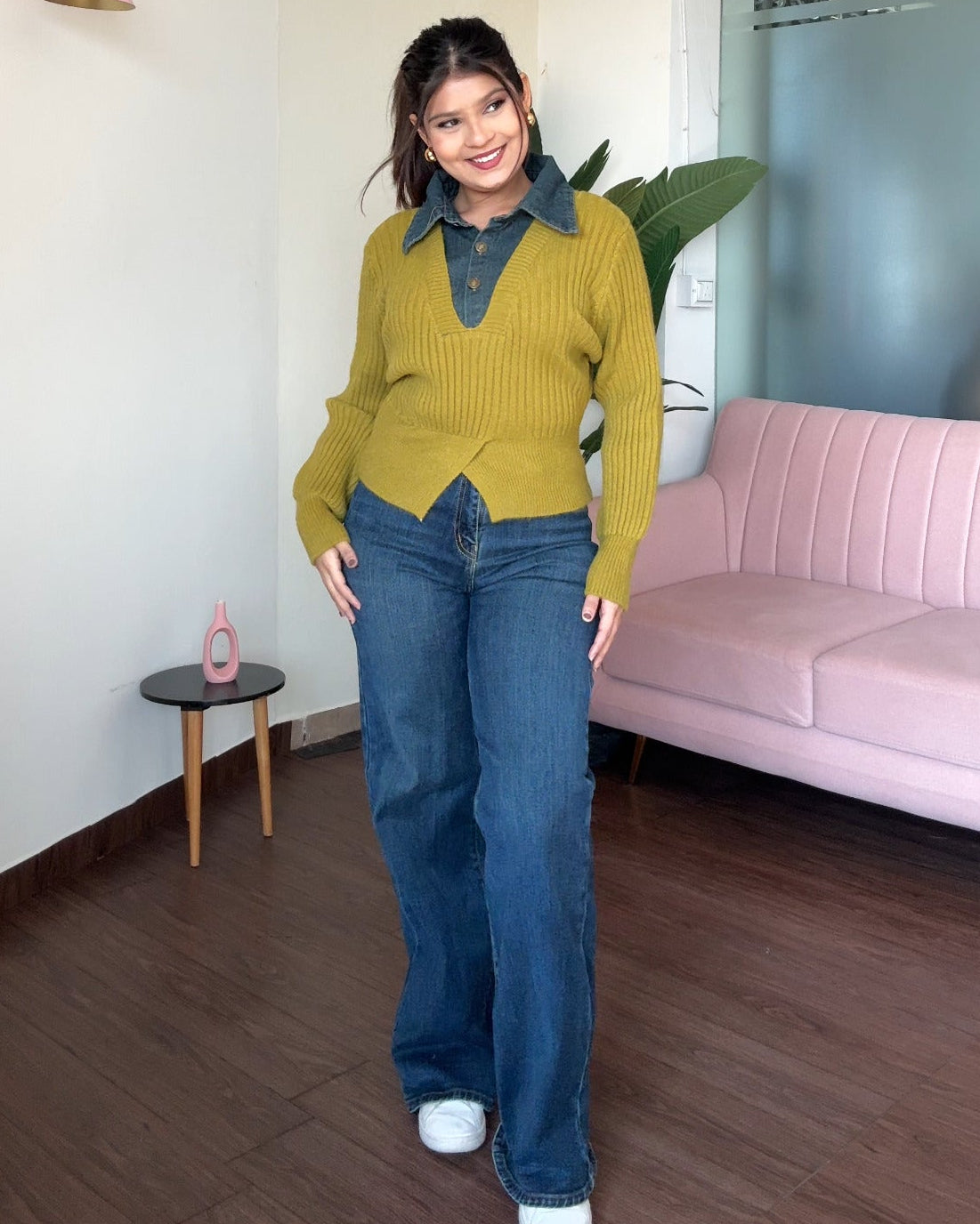 Denim Collar Detailing Knitted Sweater Top