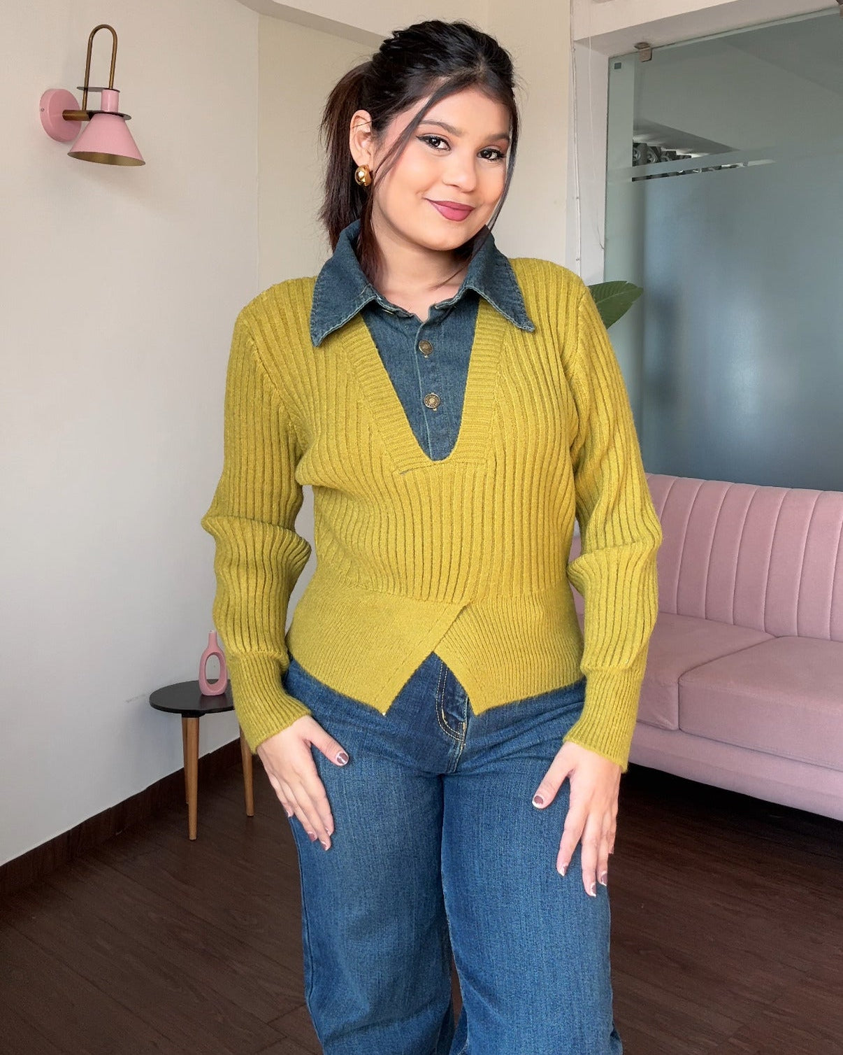 Denim Collar Detailing Knitted Sweater Top