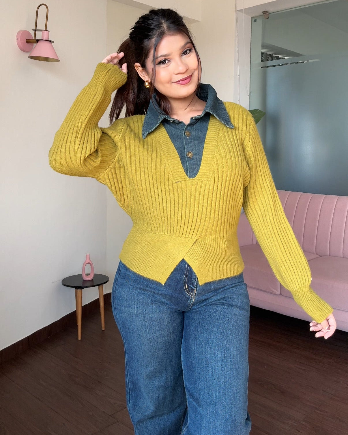 Denim Collar Detailing Knitted Sweater Top