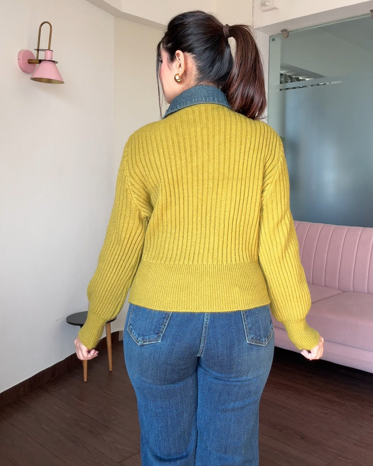 Denim Collar Detailing Knitted Sweater Top