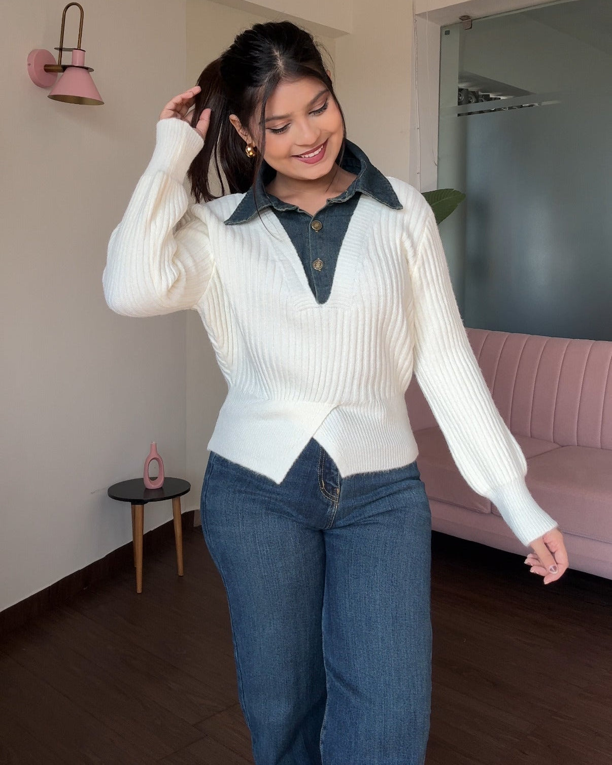 Denim Collar Detailing Knitted Sweater Top