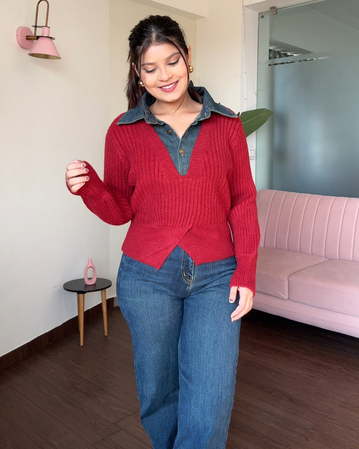 Denim Collar Detailing Knitted Sweater Top