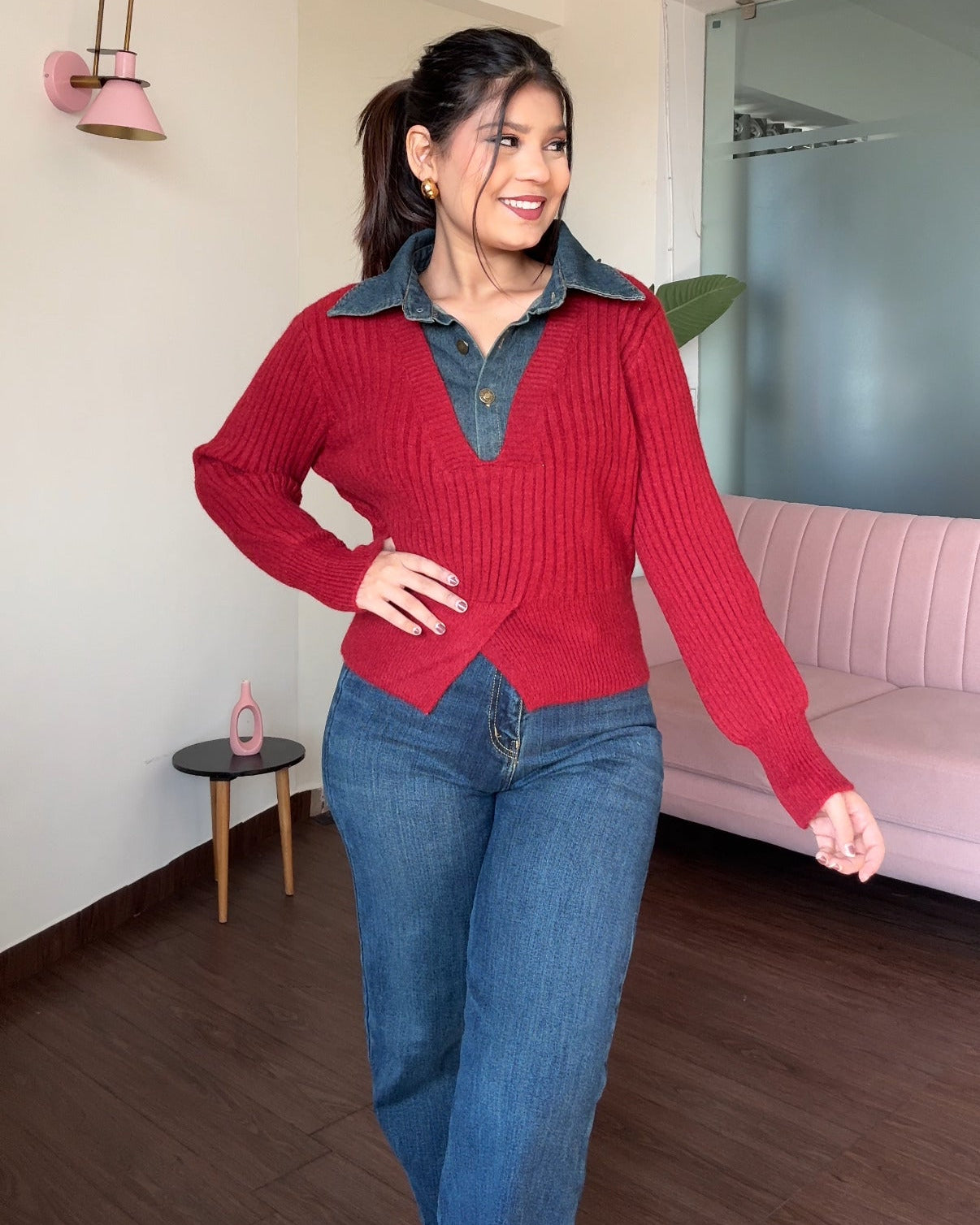 Denim Collar Detailing Knitted Sweater Top