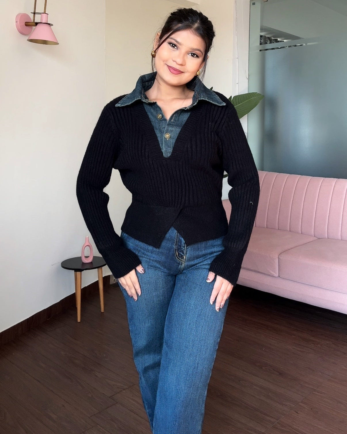 Denim Collar Detailing Knitted Sweater Top