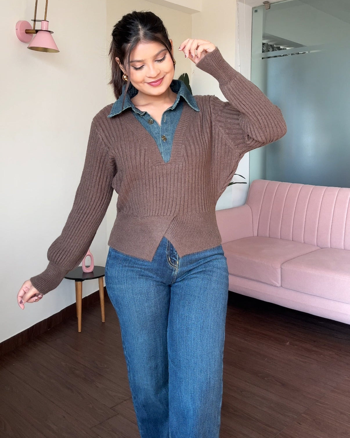 Denim Collar Detailing Knitted Sweater Top