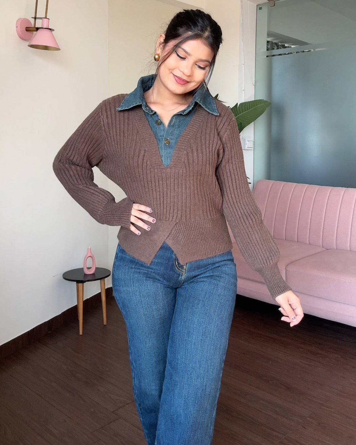 Denim Collar Detailing Knitted Sweater Top