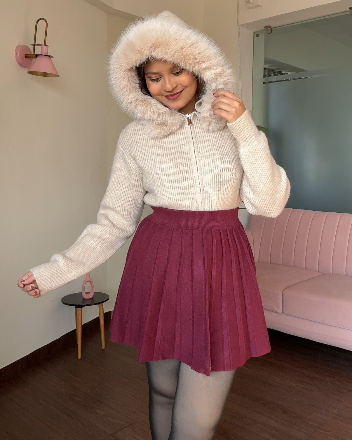 Zip Up Sweater With Fur Detailing