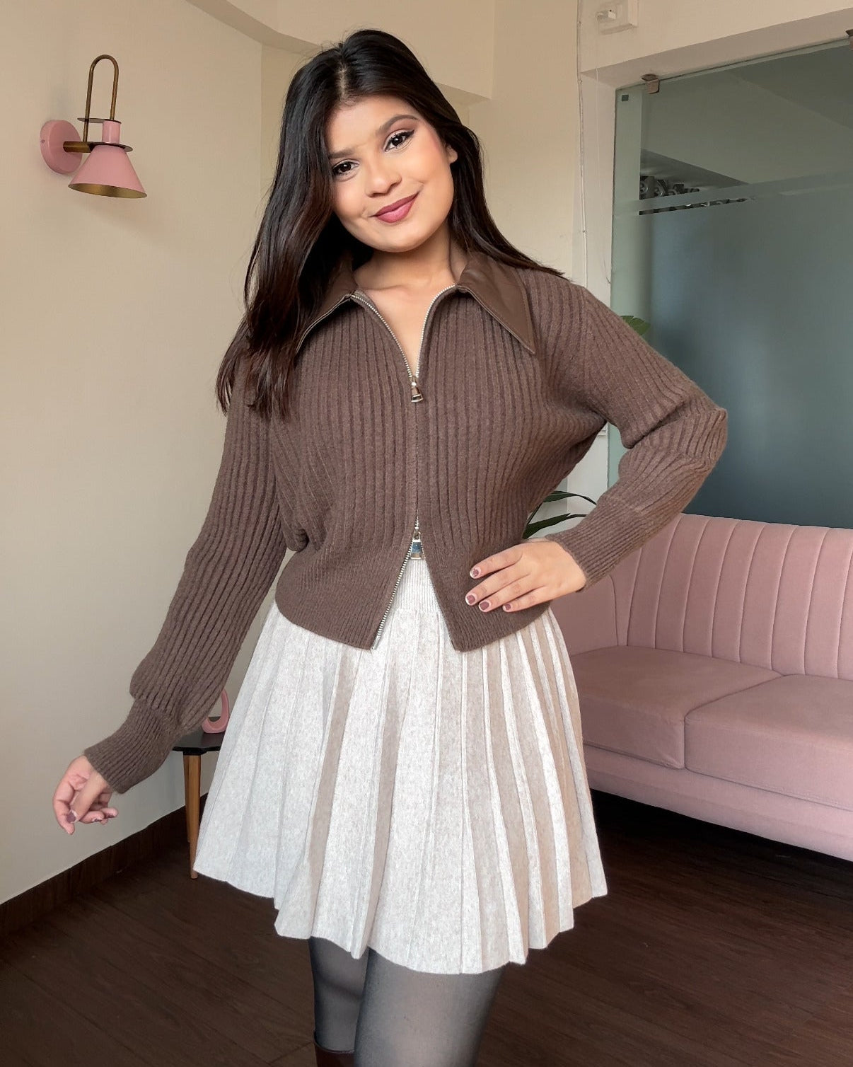 Leather Collar Zip Up Knitted Sweater Top