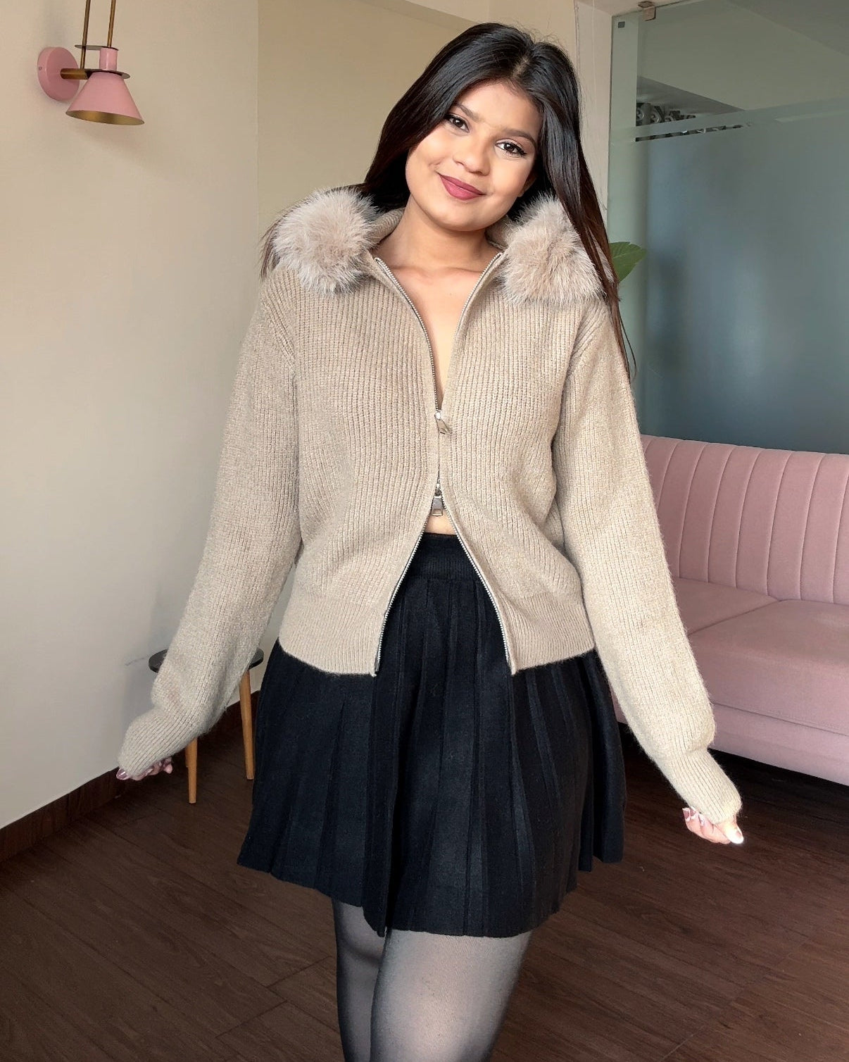 Zip Up Sweater With Fur Detailing