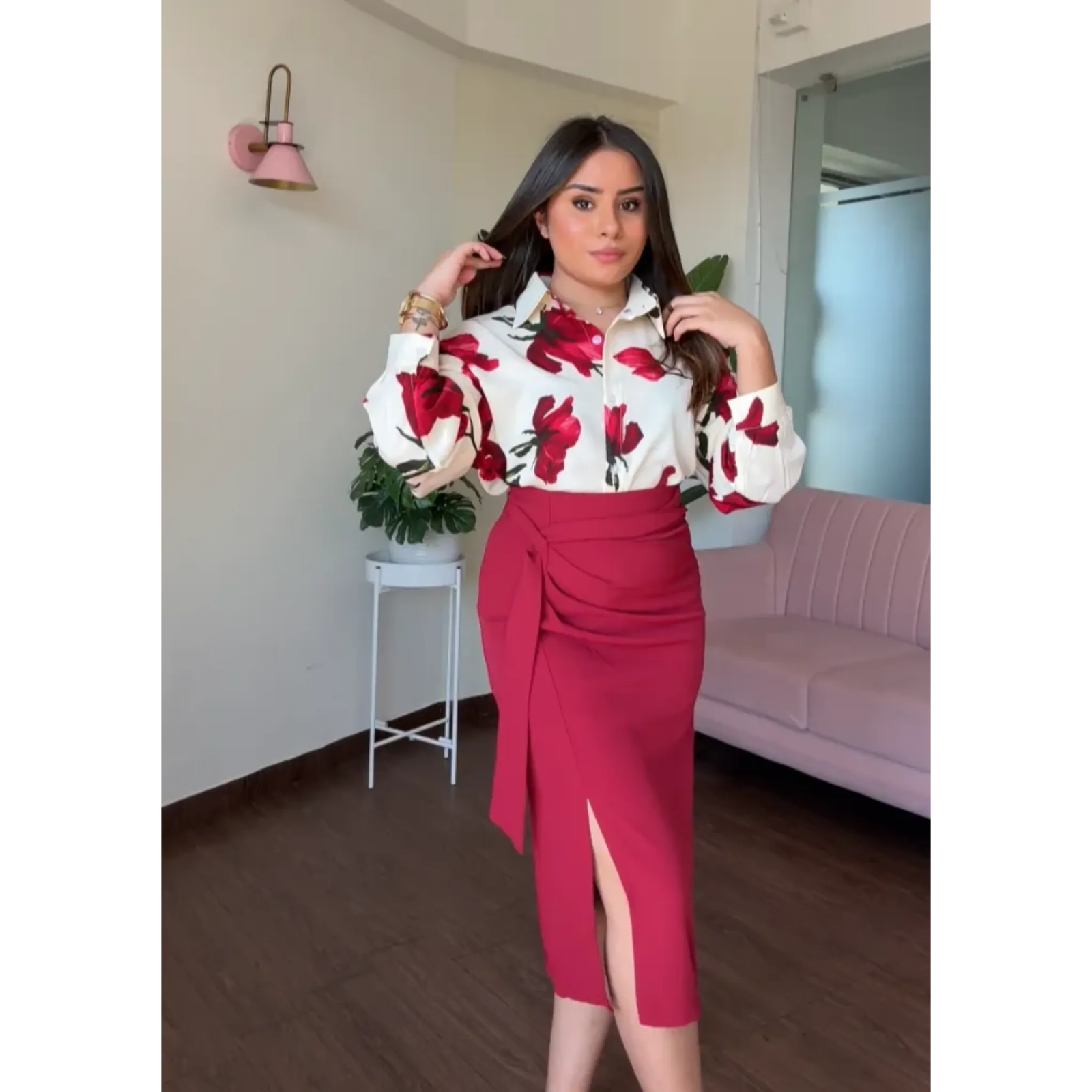 Wine Red Knot Midi Skirt With Slit