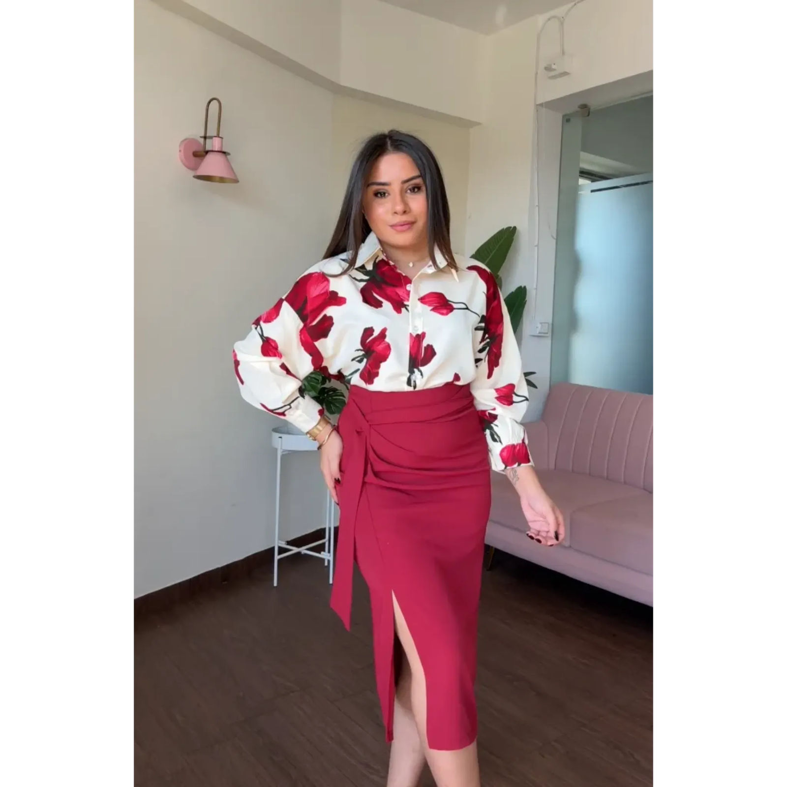 Wine Red Knot Midi Skirt With Slit