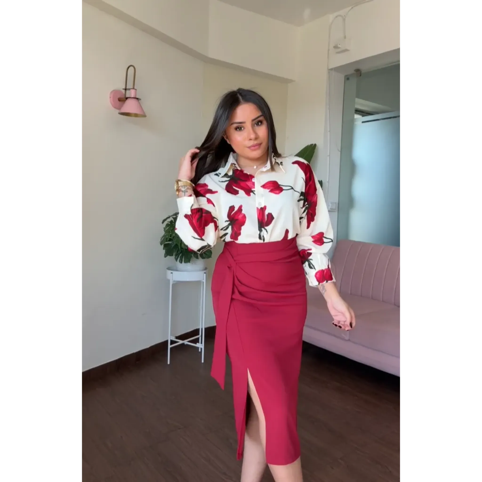 Wine Red Knot Midi Skirt With Slit