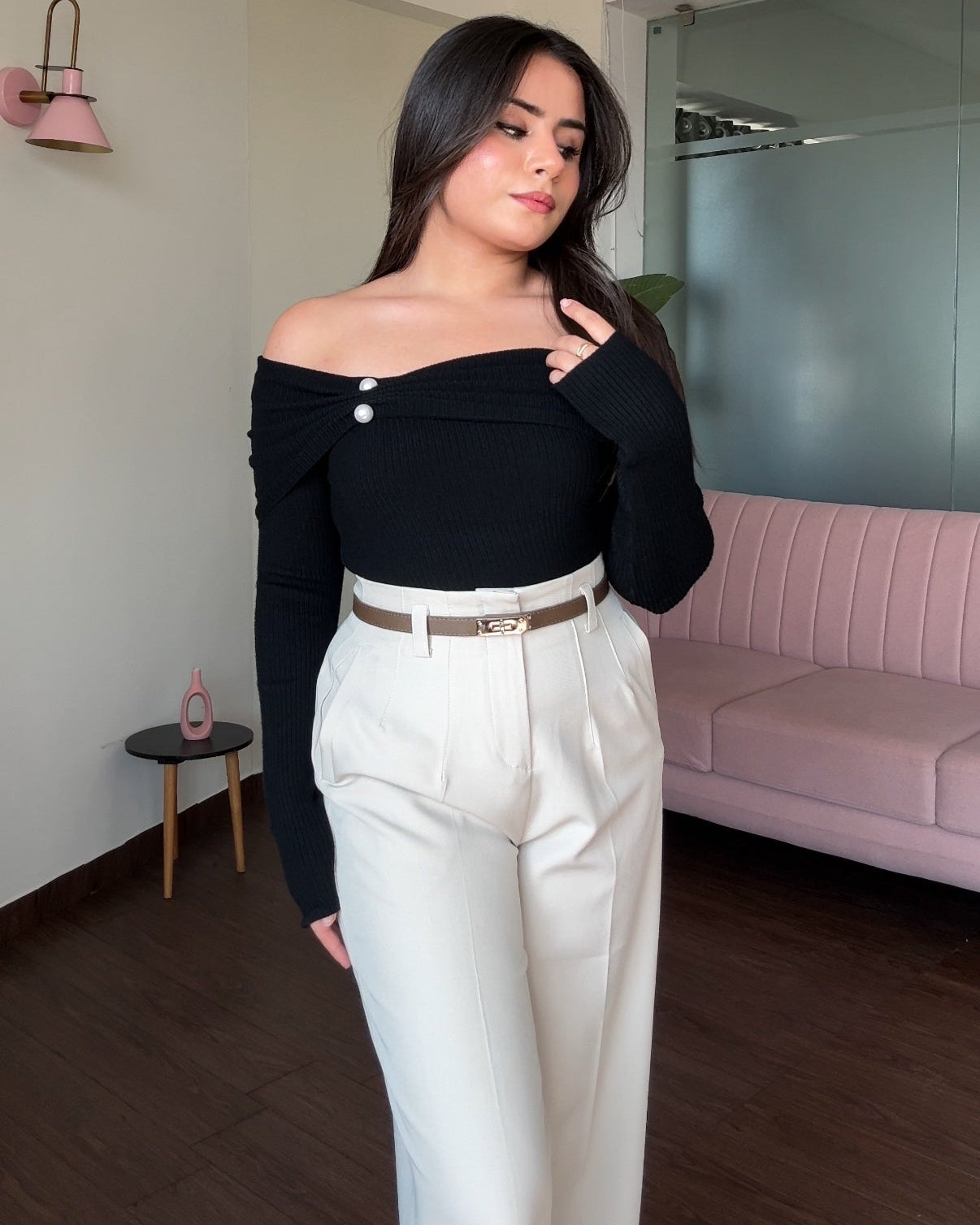 Draped Pearl Detailing Off-Shoulder Sweater Top