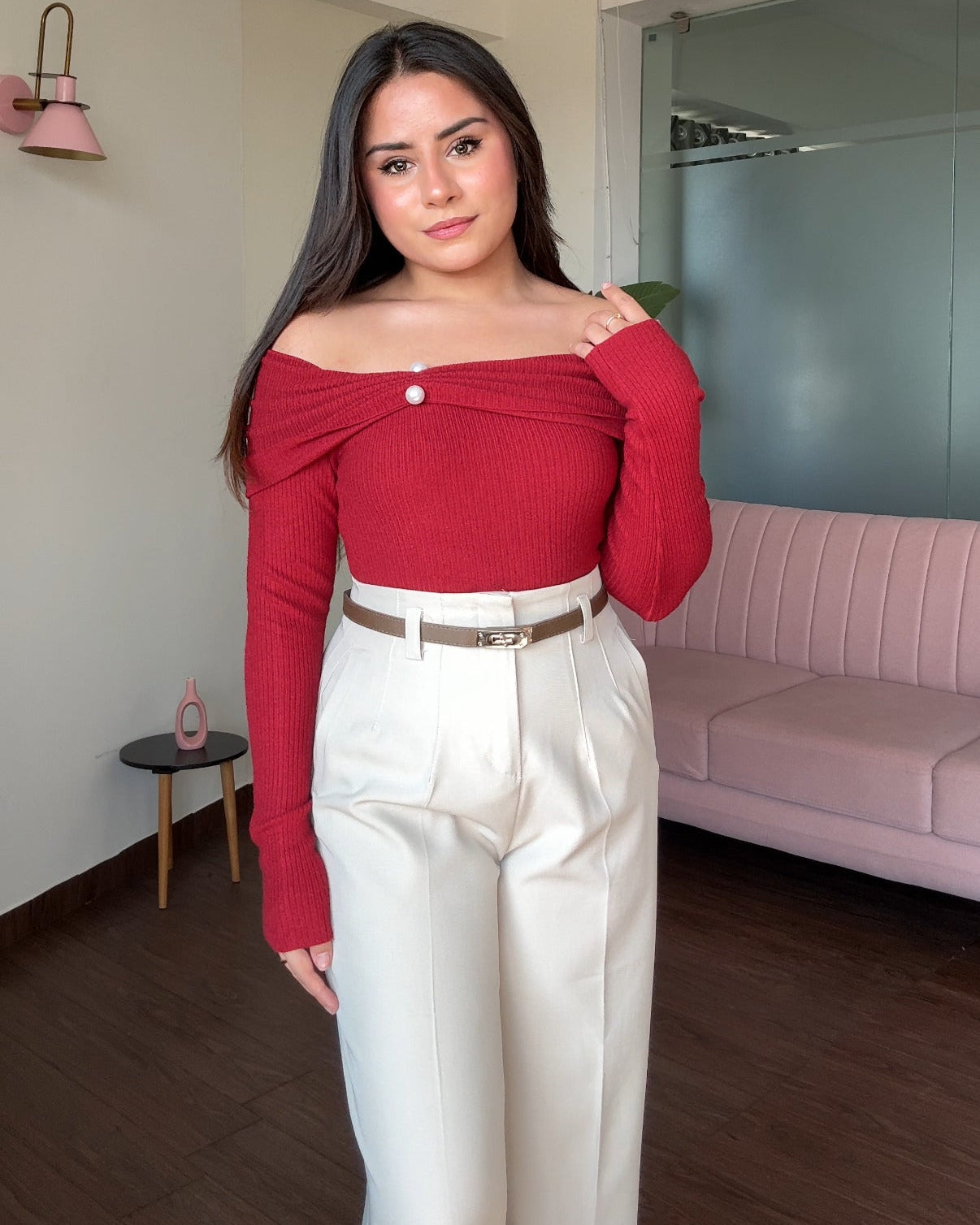 Draped Pearl Detailing Off-Shoulder Sweater Top