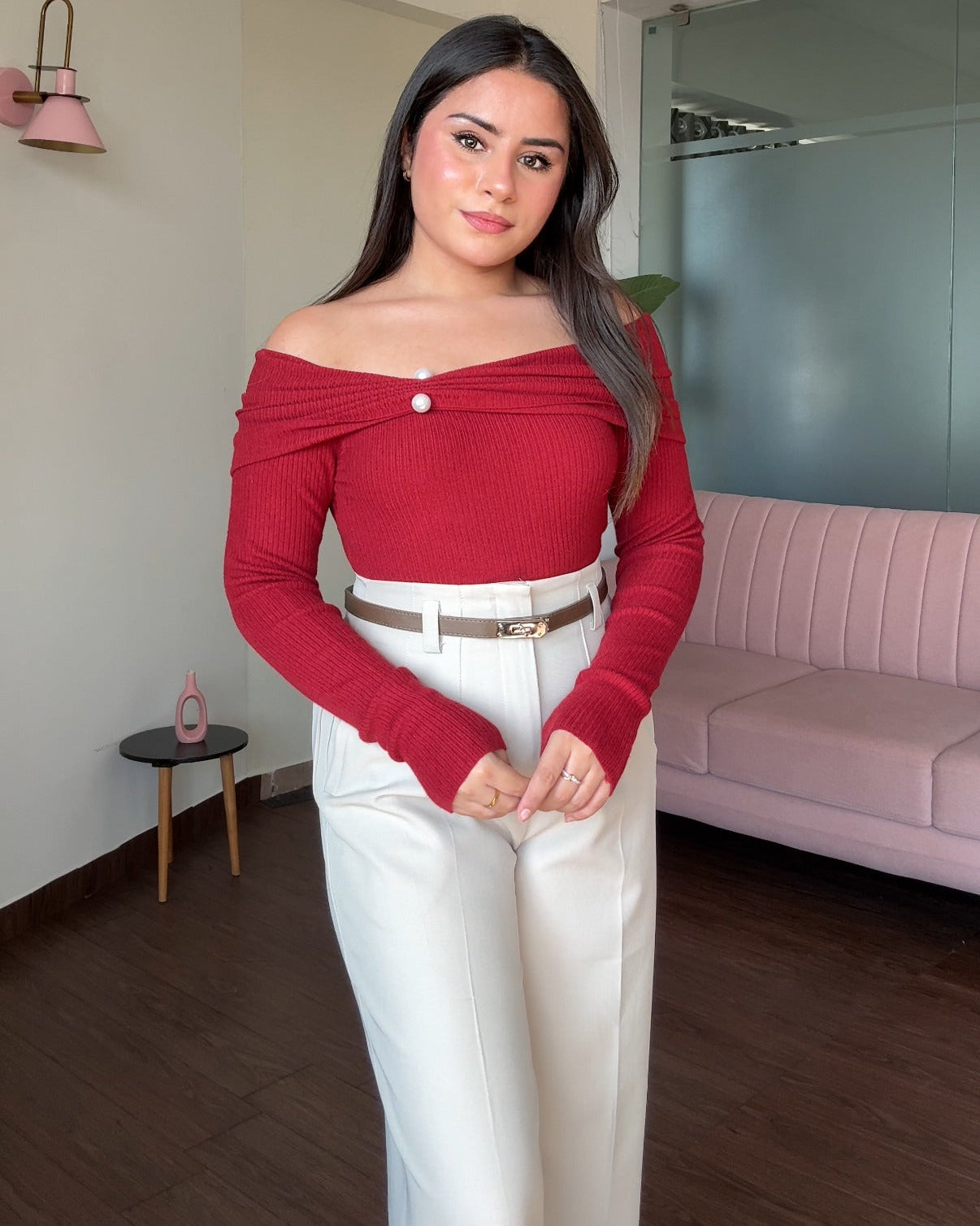 Draped Pearl Detailing Off-Shoulder Sweater Top