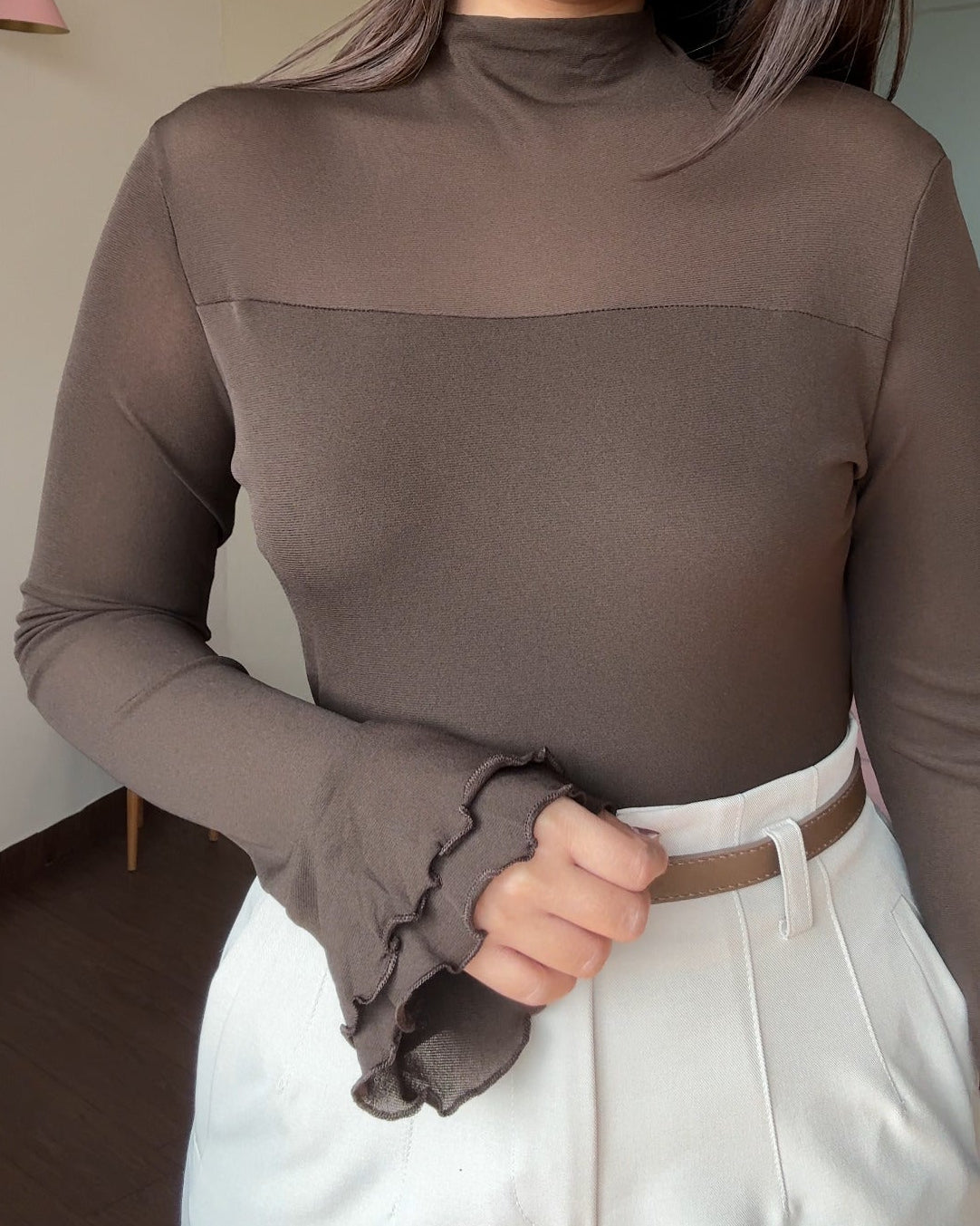 High Neck Mesh Detailing Bell Sleeves Fitted Top