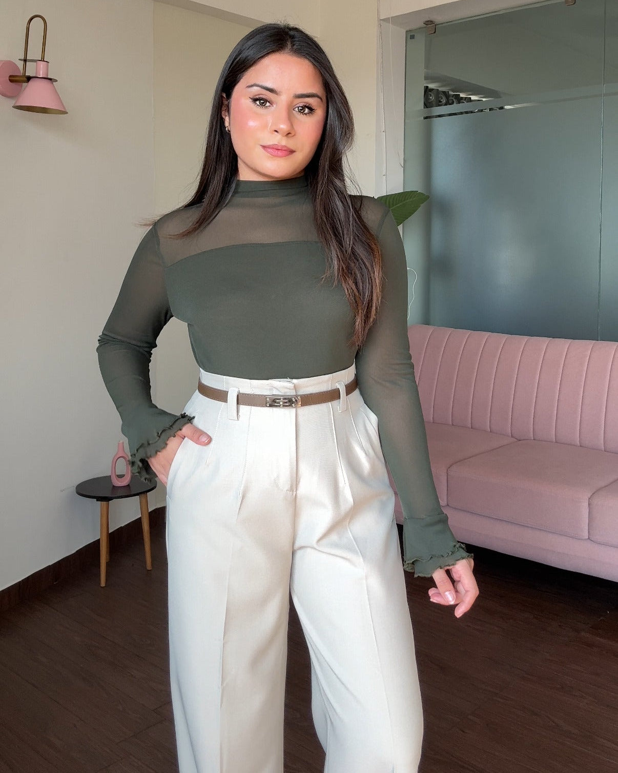 High Neck Mesh Detailing Bell Sleeves Fitted Top