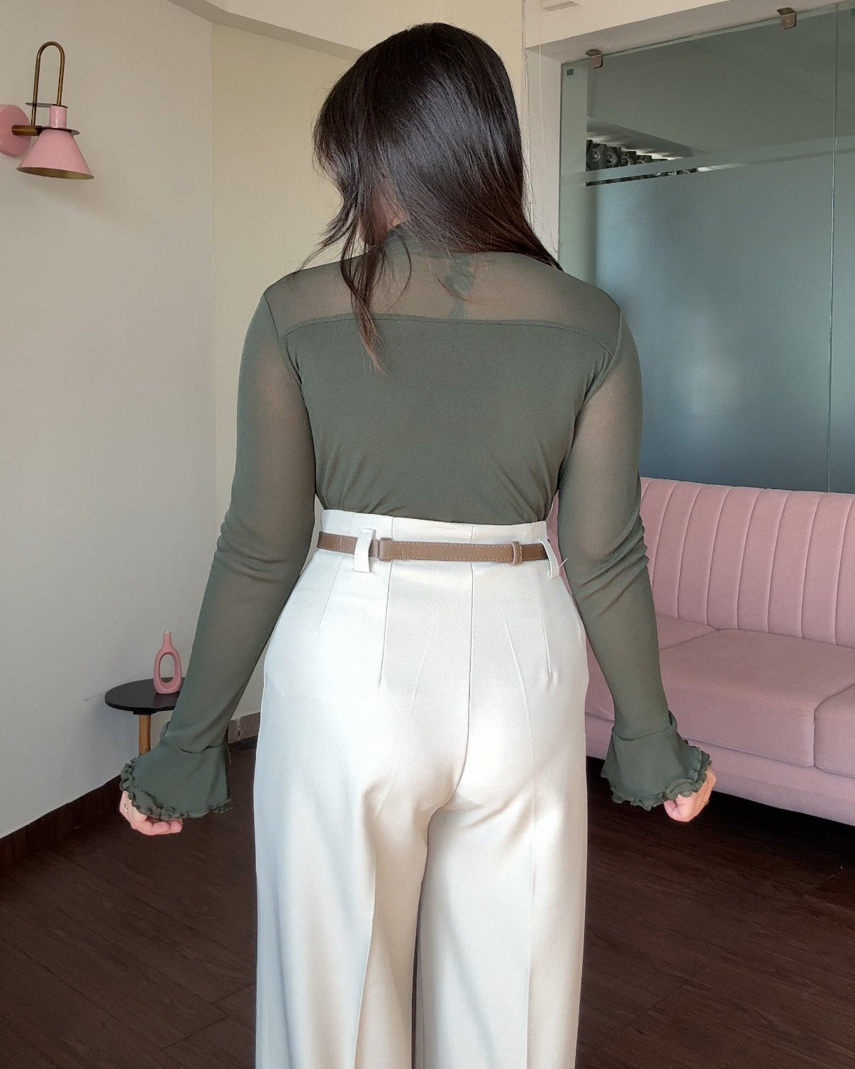 Round Neck Mesh Detailing Bell Sleeve Fitted Top