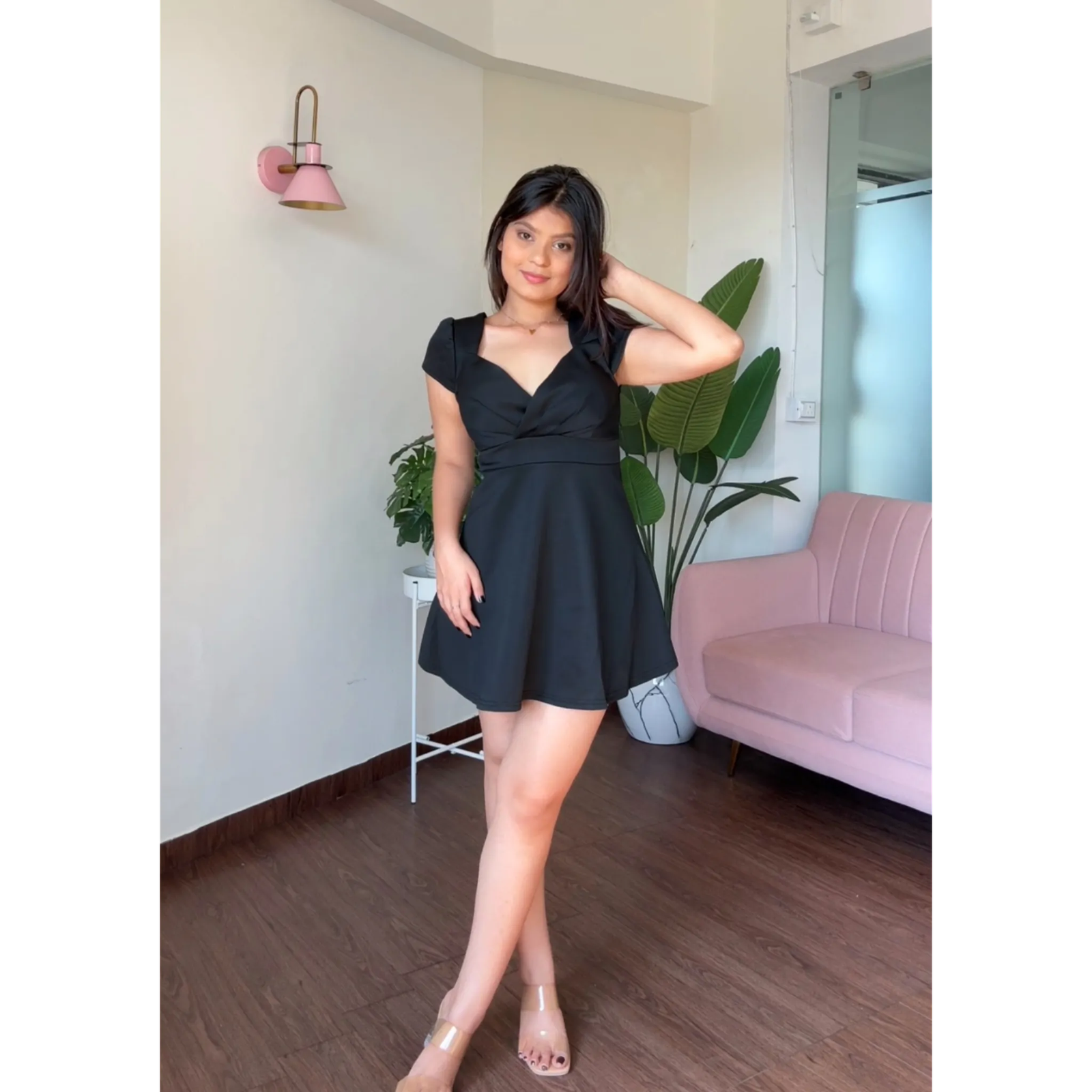 Diamond Neck Solid Skater Dress