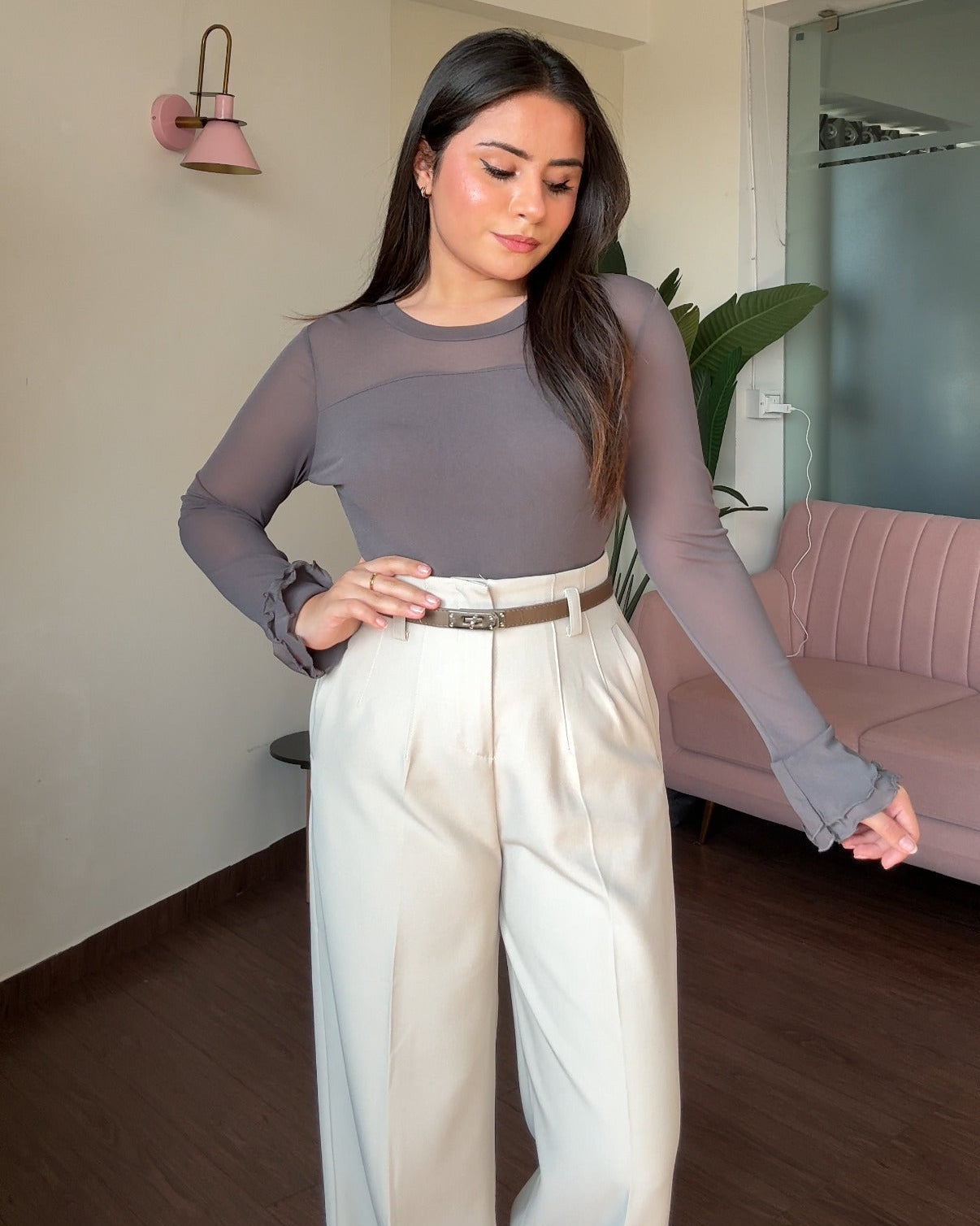 Round Neck Mesh Detailing Bell Sleeve Fitted Top