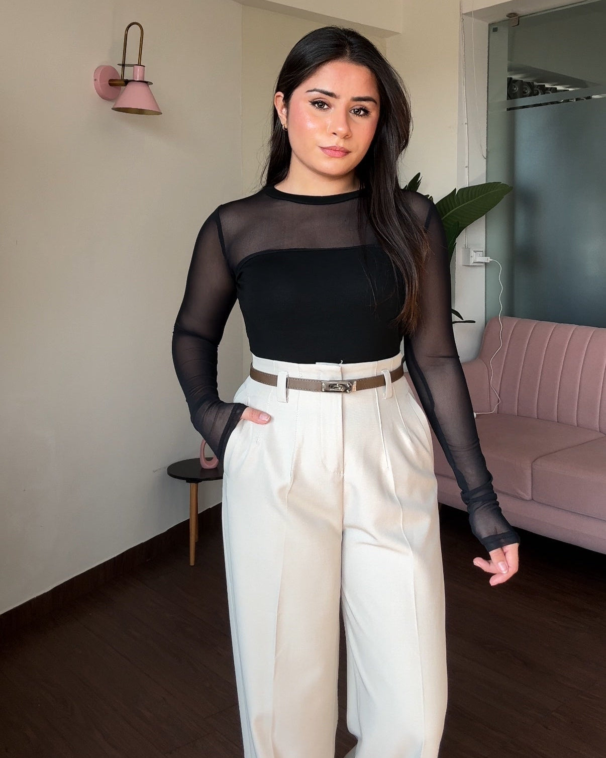 Padded Tube Style Mesh Detailing Full Sleeve Top