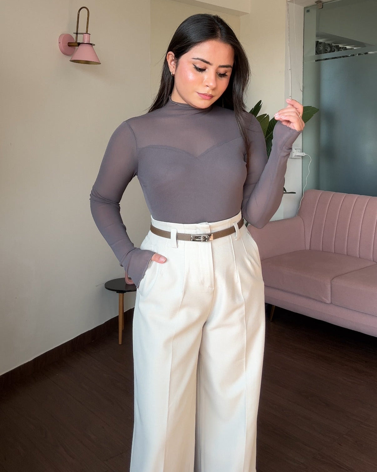 Sweetheart Neckline Mesh Detailing Top