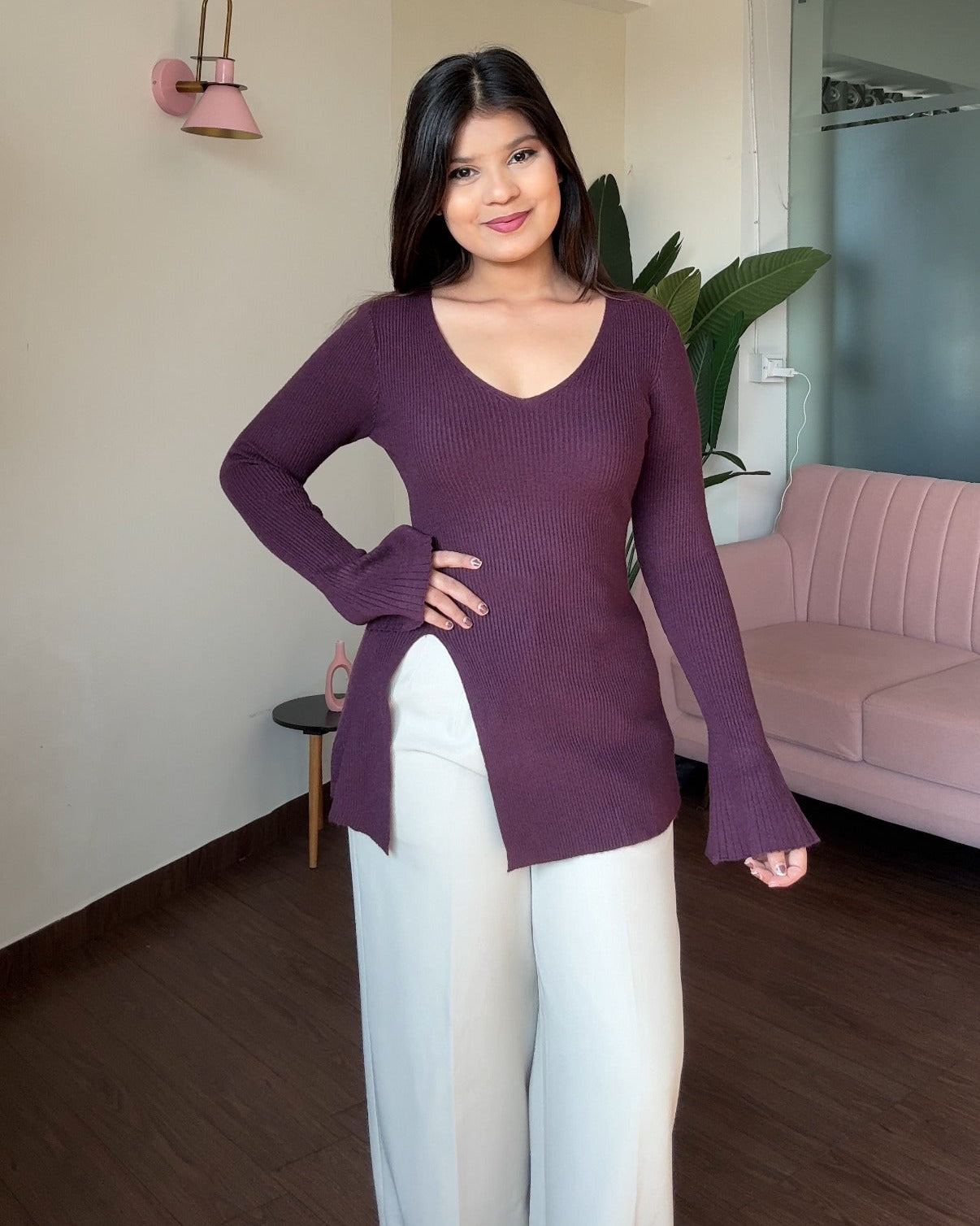 Bell-Sleeve V Neck Knitted Top With Slit
