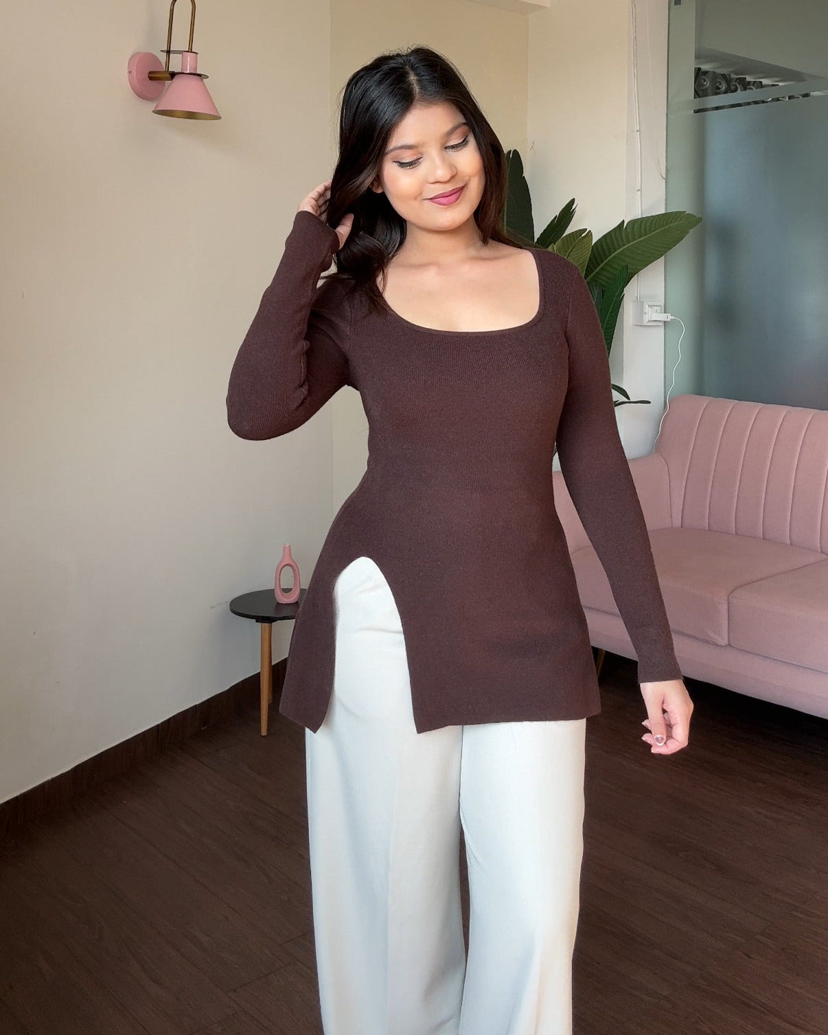 Round Neck Knitted Top With Slit