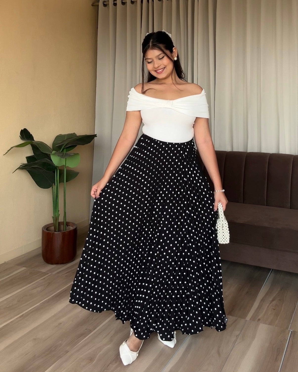 Polka Dot Pleated Midi Skirt
