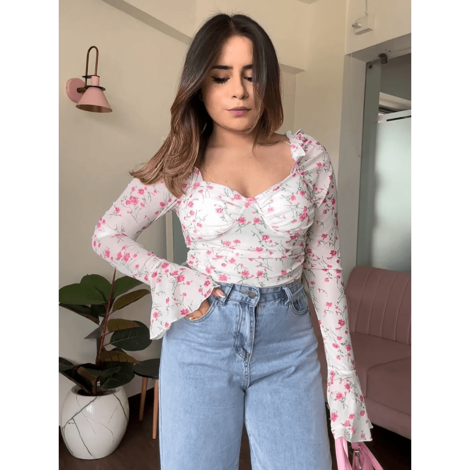 Mesh Padded Bell Sleeve Top