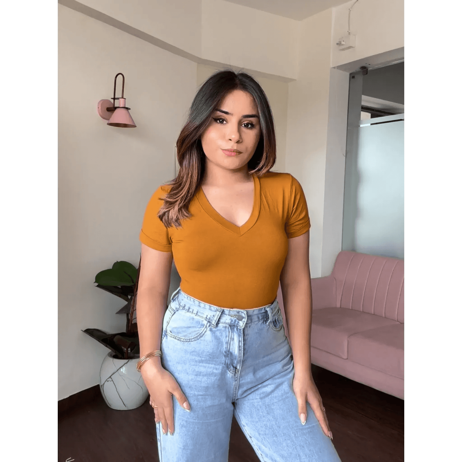 V Neck Solid Bodysuit