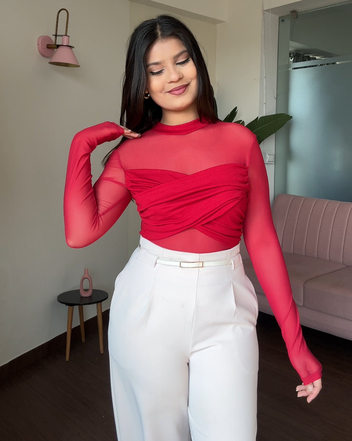 Crossover Top & Straight Fit Wide Leg Pant With Belt