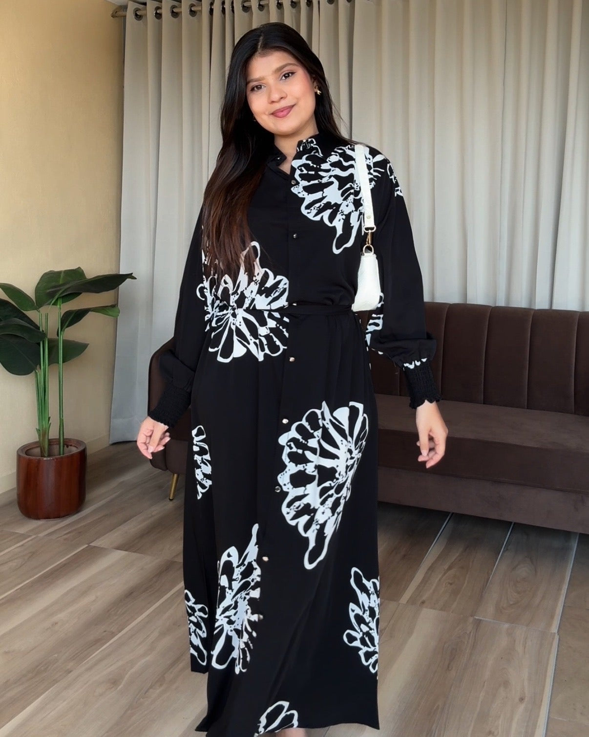 Black Floral Printed Shirt Midi Dress With Belt