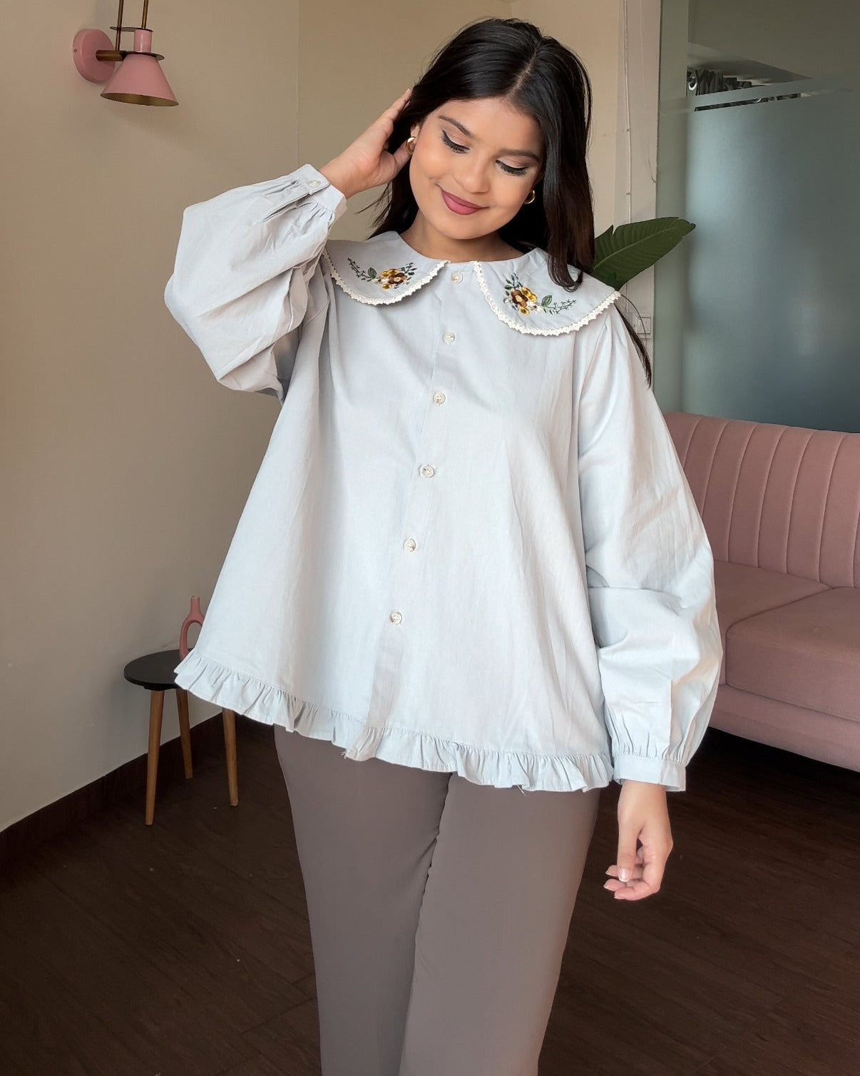 Korean Collar Floral Detailing Thick Shirt