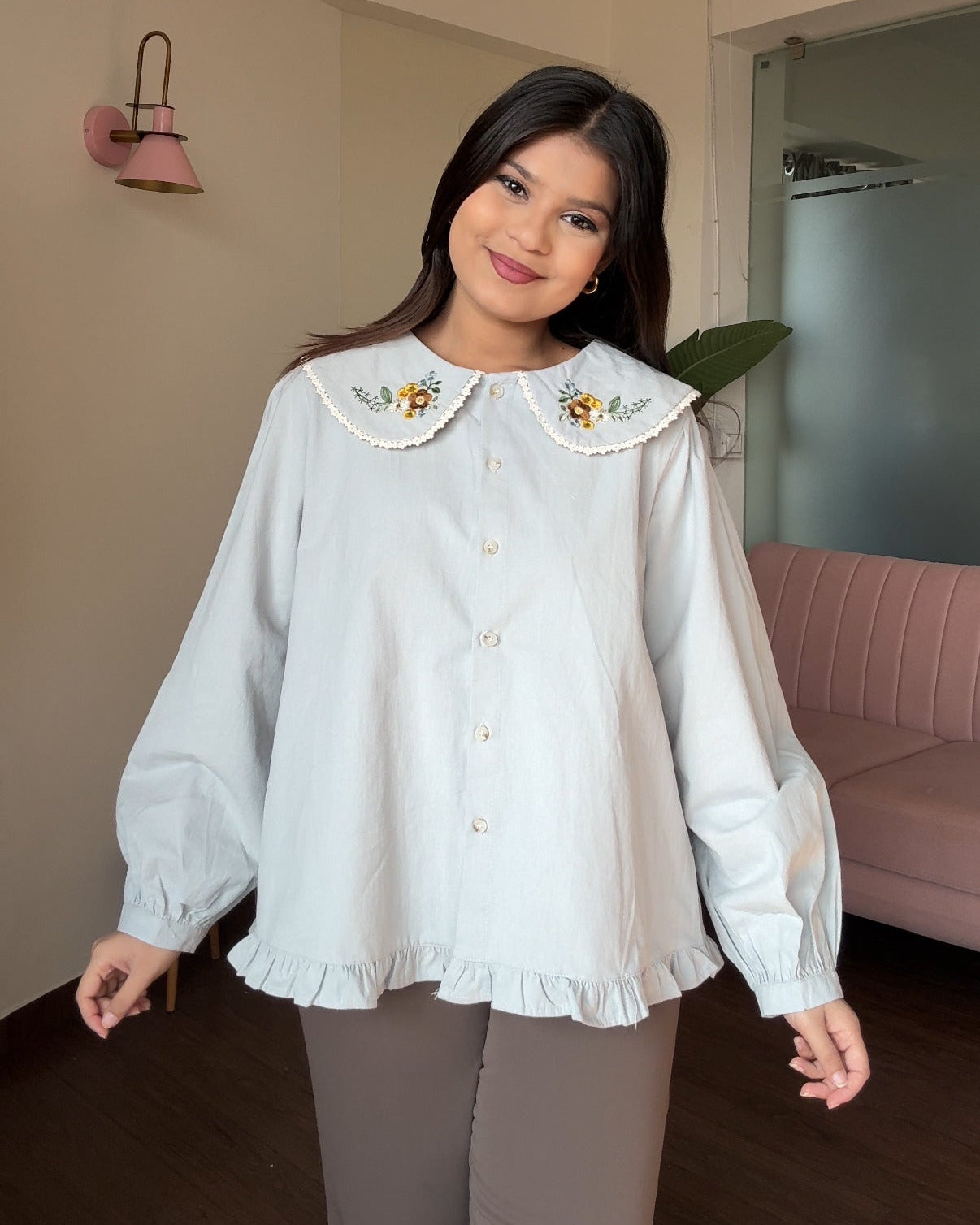 Korean Collar Floral Detailing Thick Shirt