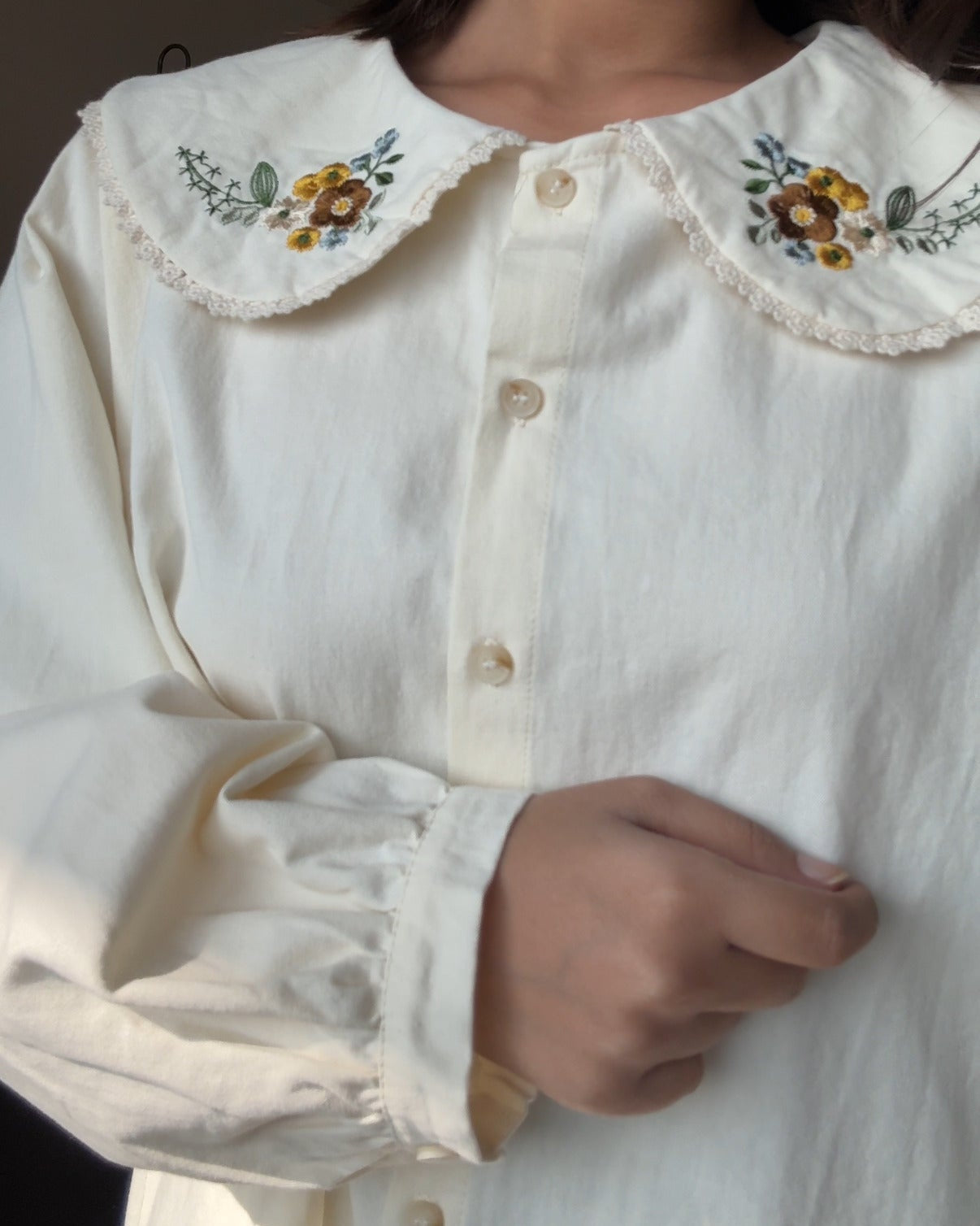 Korean Collar Floral Detailing Thick Shirt