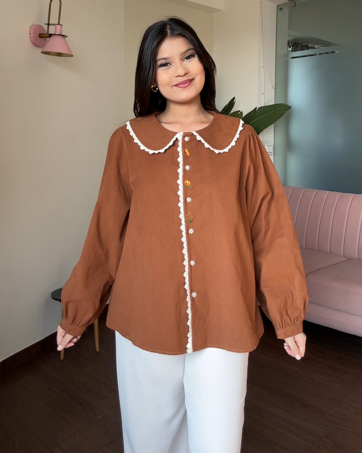 Korean Collar Thick Shirt With Button Floral Detailing Blouse