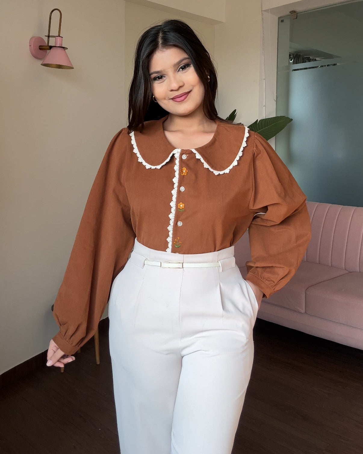 Korean Collar Thick Shirt With Button Floral Detailing Blouse