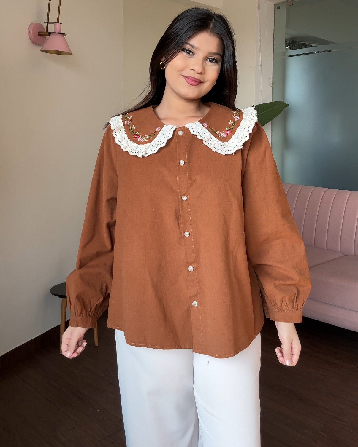 Korean Collar Lacy Detailing Thick Shirt