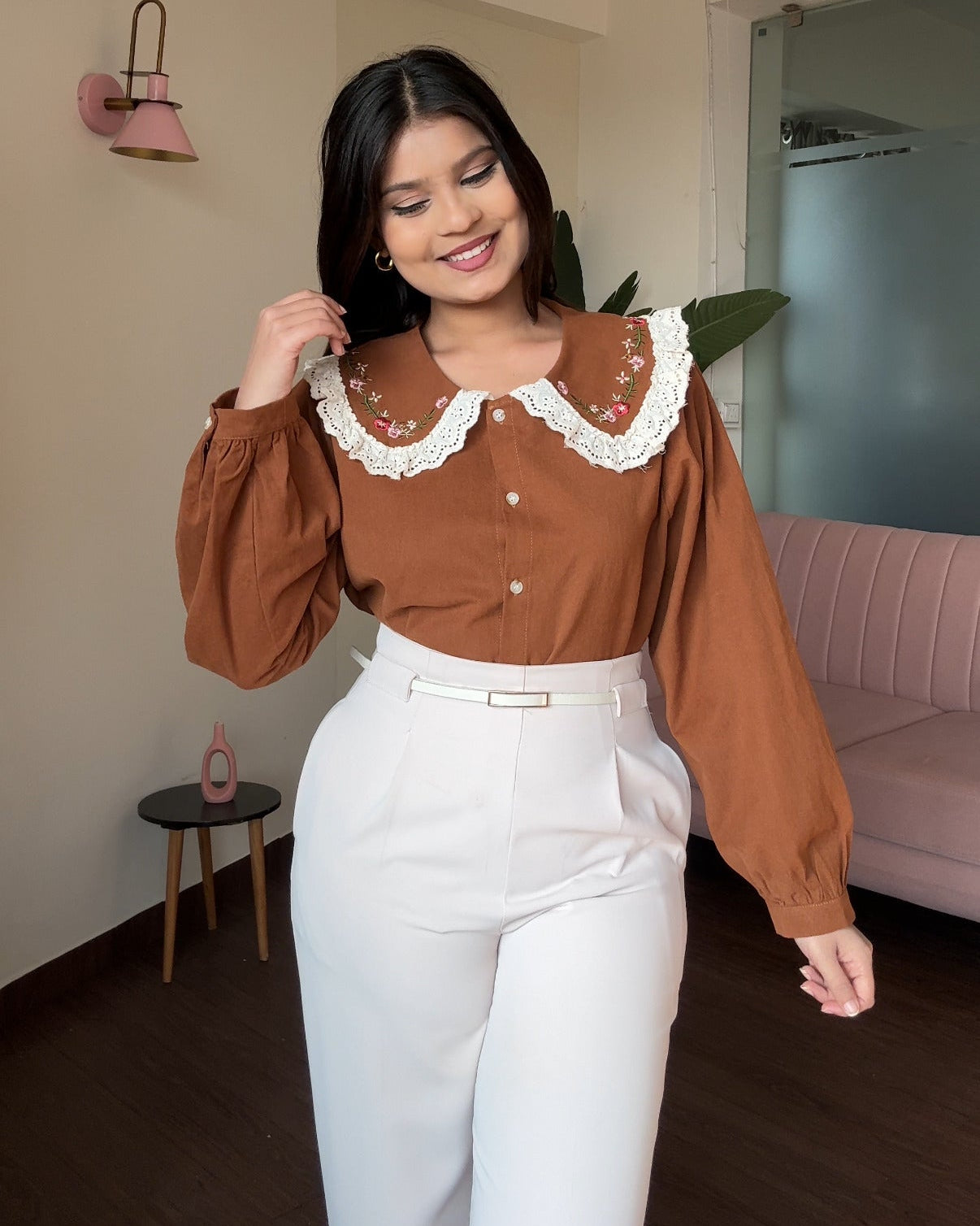 Korean Collar Lacy Detailing Thick Shirt