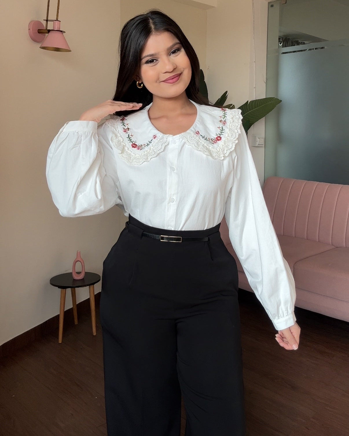 Korean Collar Lacy Detailing Thick Shirt