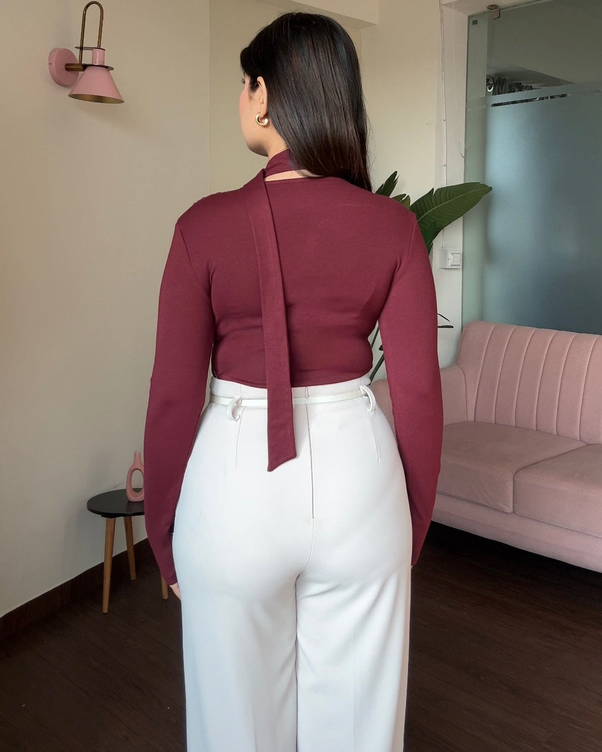 V-Neck Fitted Full Sleeve Top With Tie-Up Scarf