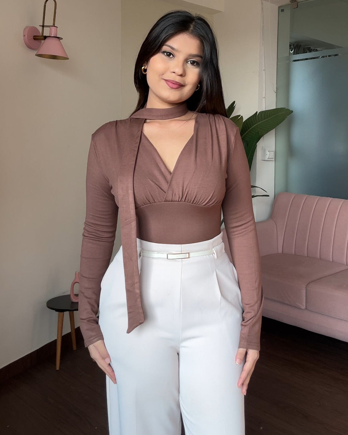 V-Neck Fitted Full Sleeve Top With Tie-Up Scarf